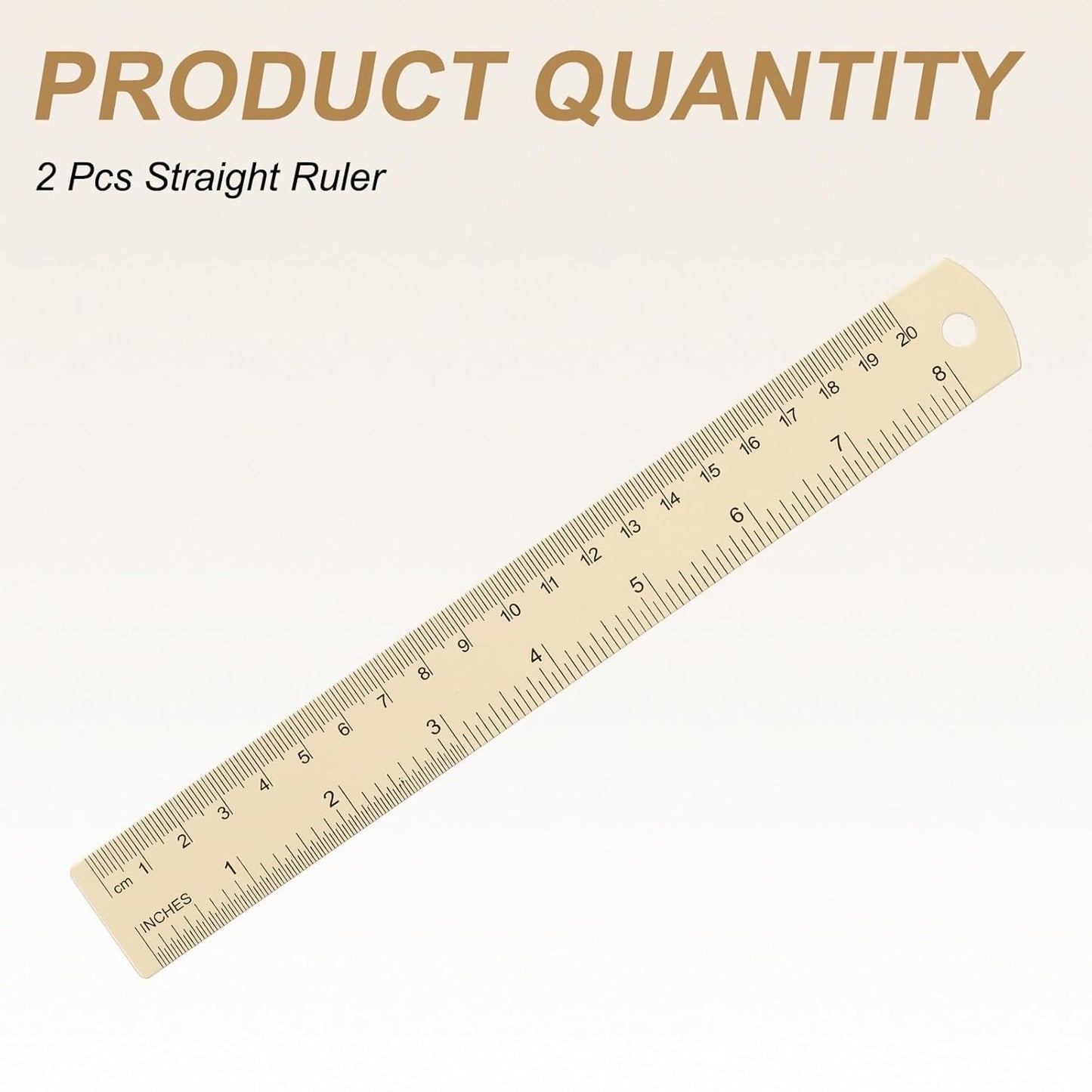 HARFINGTON 2pcs Metal Straight Ruler 20cm Metric SAE Aluminum Alloy Measuring Rulers Scale Tool with Hole for Measure Study Reading Classroom Office, Beige