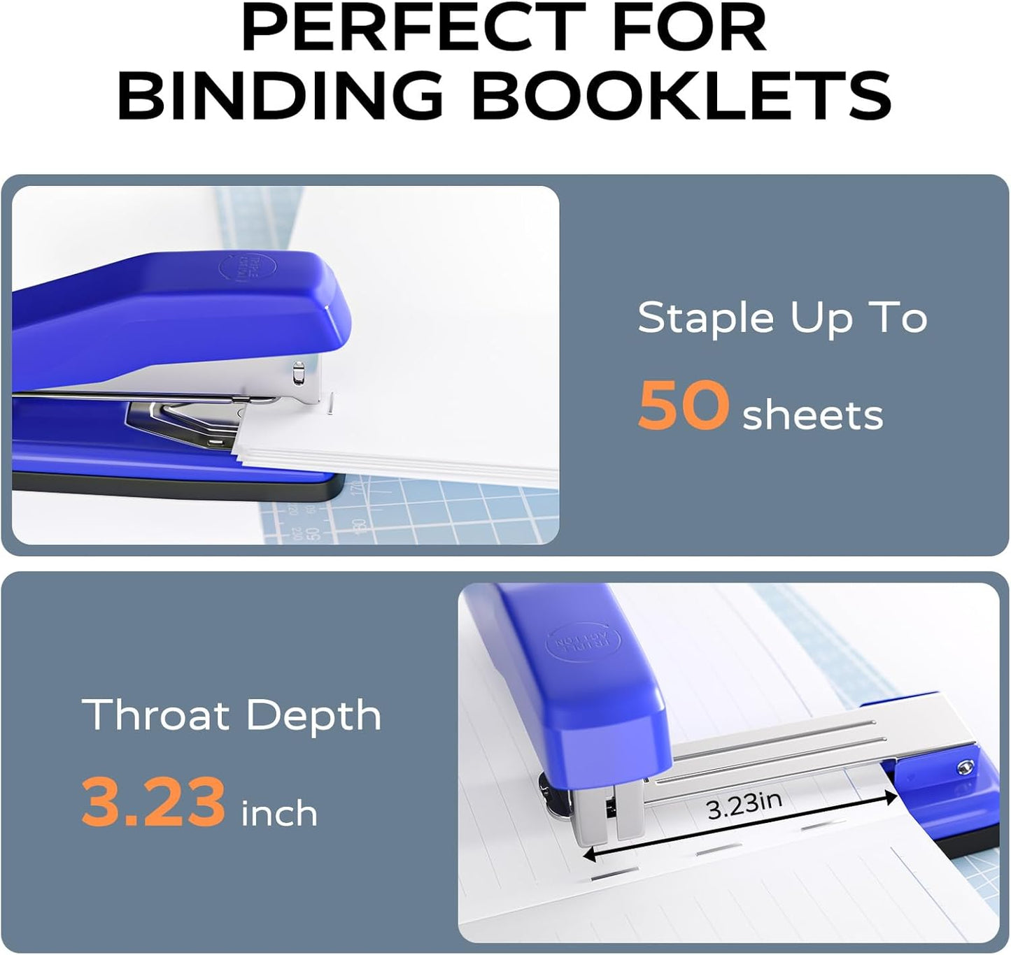 Desktop Stapler, Swing-Arm Swivel Stapler, 50 Sheet Capacity, 2000 Staples and Staple Remover, Rotatable Heavy Duty Staplers for Office, Home, Classroom, Booklet, Book Binding, Blue