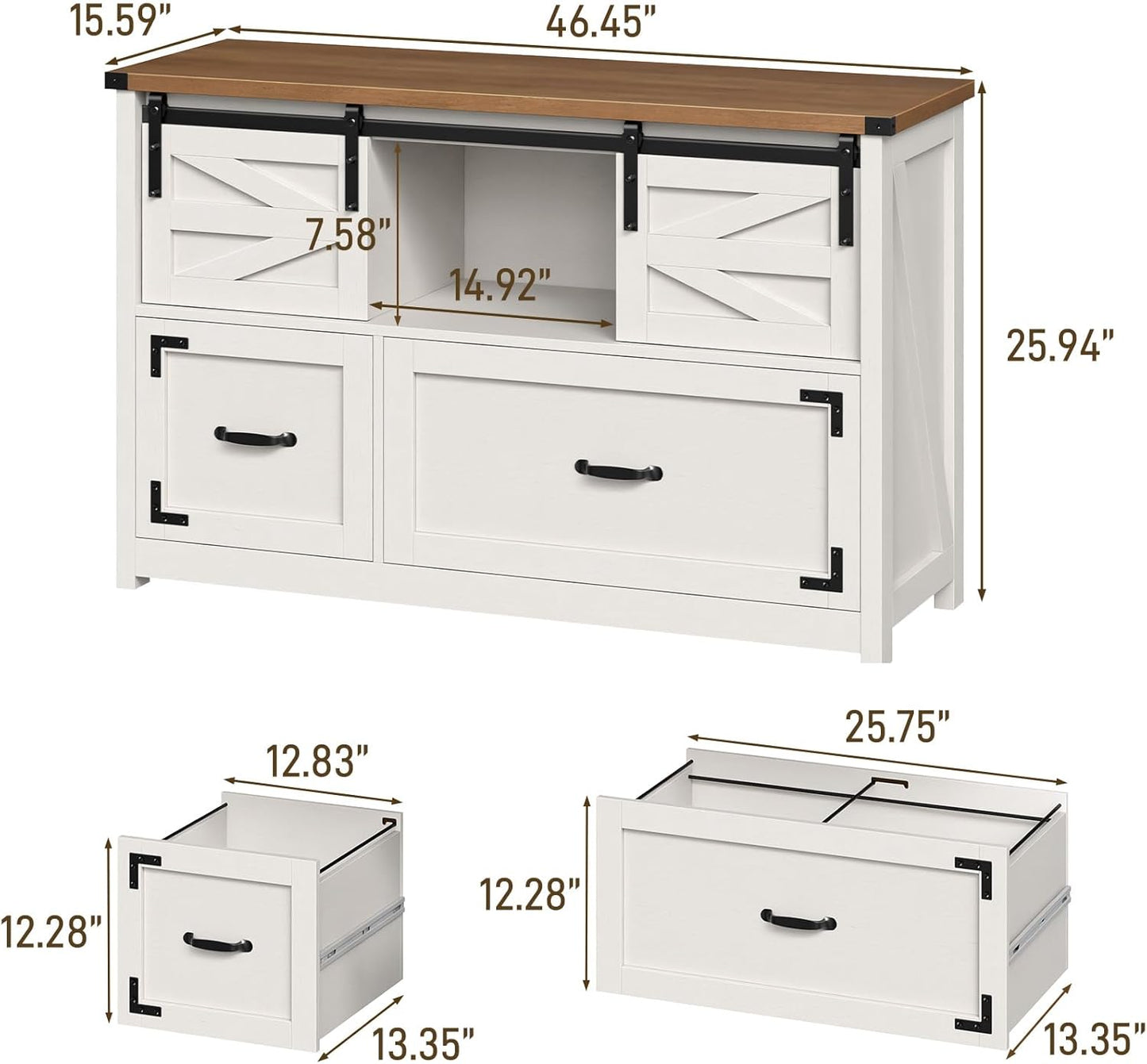 Lateral File Cabinets 2 Drawer with Sliding Barn Doors, Farmhouse Filing Cabinet with 2 Drawer for Home Office，Filing Organization Storage Cabinets for Hanging Files Letter/Legal/F4/A4.(Brown.)