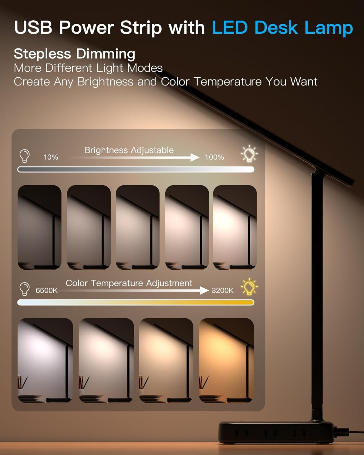 One Beat Desk Lamp with 6 Outlets 4 USB Ports(2×USB-C),Eye Protection Table Lamp Power Strip with 4 Color Modes 5 Brightness Touch LED Desk Lamps for Home Office College Dorm Room Essentials(Black)