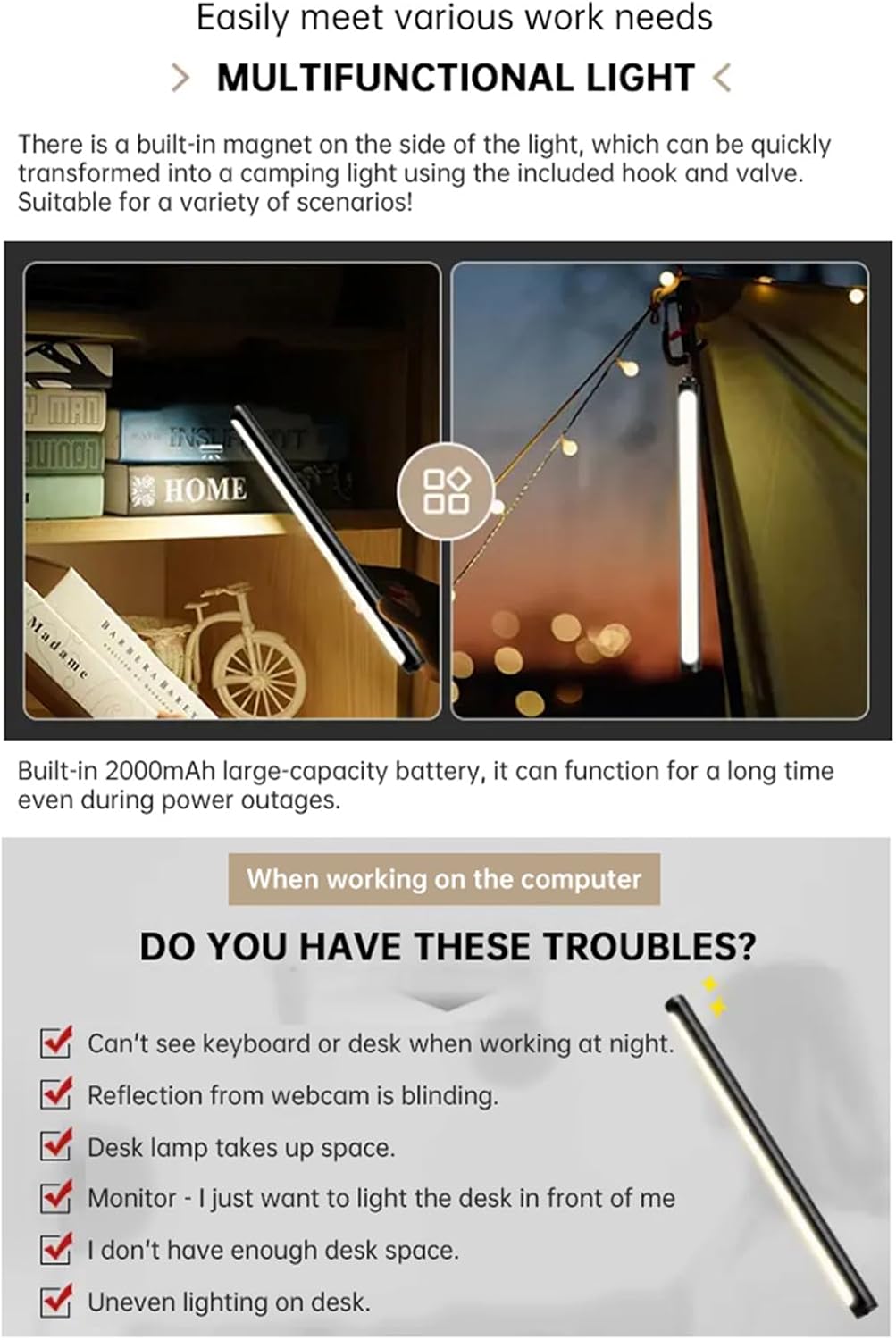 Computer Light with Clamp, Desk Lamp, Lamps for Office, 5500K Ultra Bright Adjustable Dimming, Desk Lights for Computer, Outdoor use.