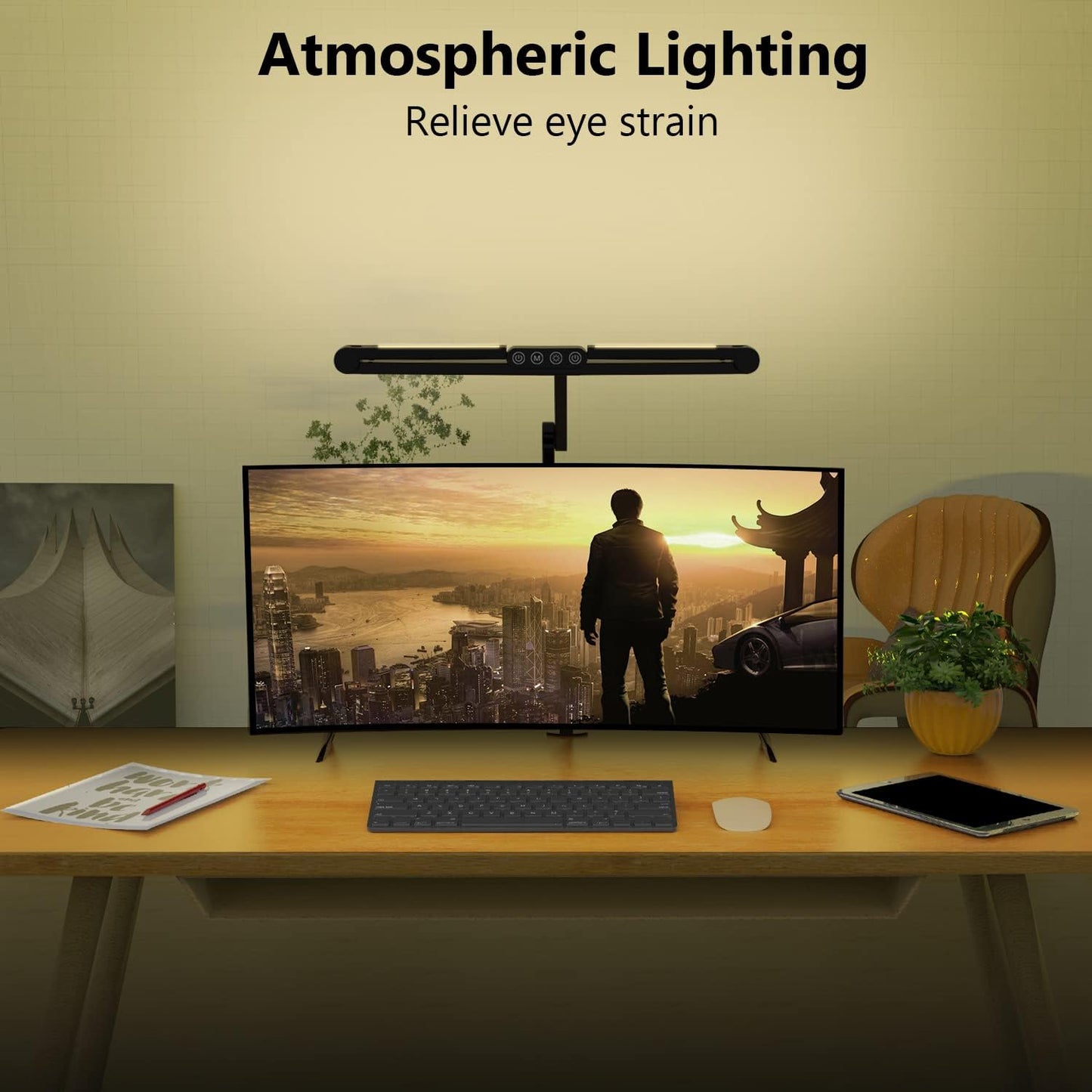 Micomlan Led Desk Lamp with Clamp, Architect Desk Lamp for Home Office with Atmosphere Lighting, 24W Ultra Bright Auto Dimming Computer Light Stepless Dimming and Tempering LED Table Light