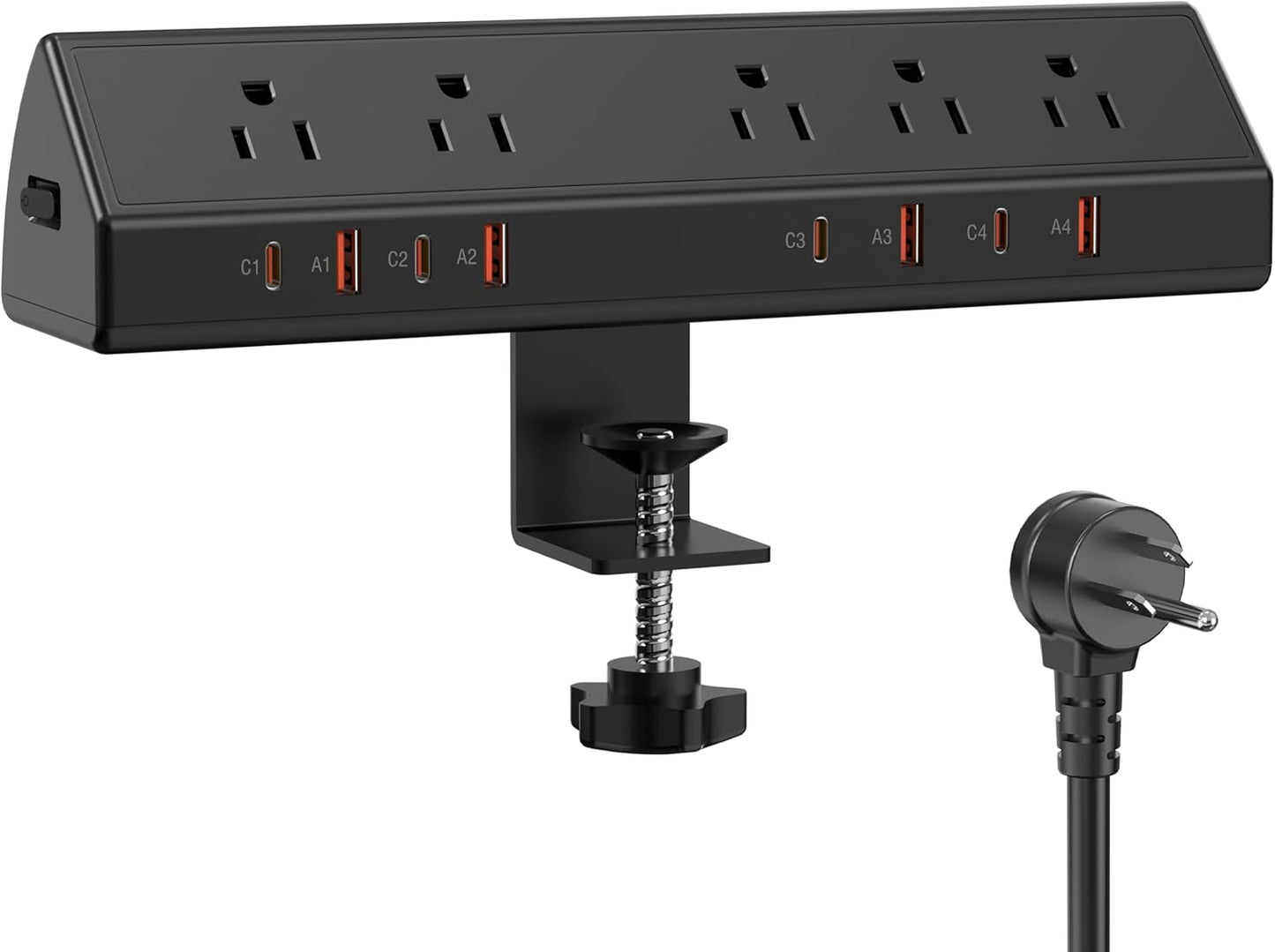 Desk Clamp Power Strip 65W Fast Charging Station,4 PD USB-C,5 Outlets,Nightstand Desk Edge Mount Tower Surge Protector,15 Amp Heavy Duty Power Strip,Fits 1.96" Tabletop Edge (Black, 10 FT Cable)