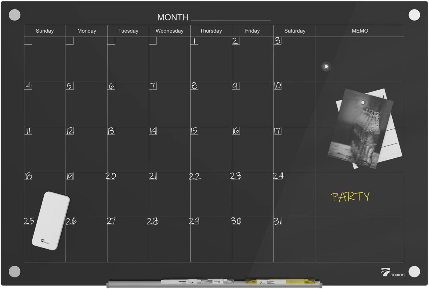 TOWON 47 x 35 Inch Glass Dry Erase Board Reminder, Magnetic Whiteboard Calendar Yearly, Monthly Planner Set for Office, Kitchen and School, Black