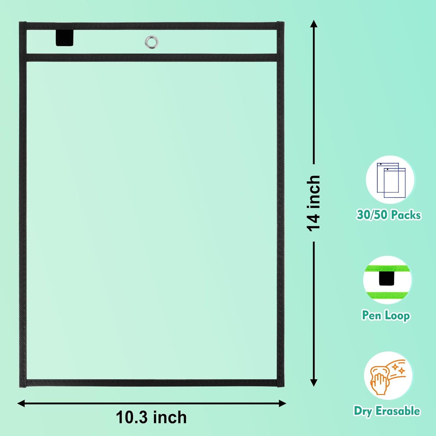 50 Packs Dry Erase Pocket Sleeves with 2-Ring, Reusable Clear Plastic Classroom Sleeves, 10x14 Inch Ticket Holders, Plastic Sleeves for School/Office Organization