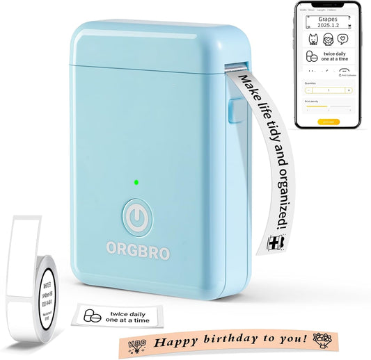 ORGBRO Label Maker Machine with Tape, X1 Portable Bluetooth Mini Label Printer, Support Pre-Cut & Continuous Label, Wireless Small Label Makers with Versatile App for School Home Office Organization