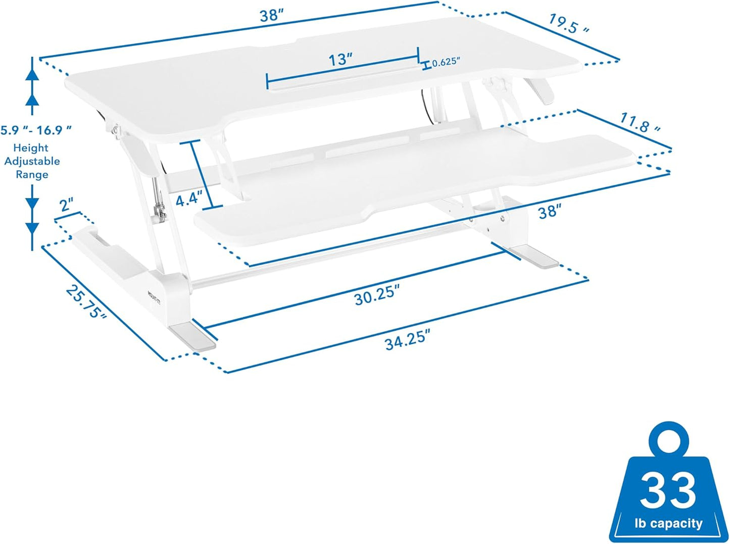 Mount-It! Standing Desk Converter White 38” Wide Height Adjustable Stand Up Desk Riser, Desk Topper with Gas Spring, Desktop Standing Desk with Keyboard Tray Fits Two Monitors
