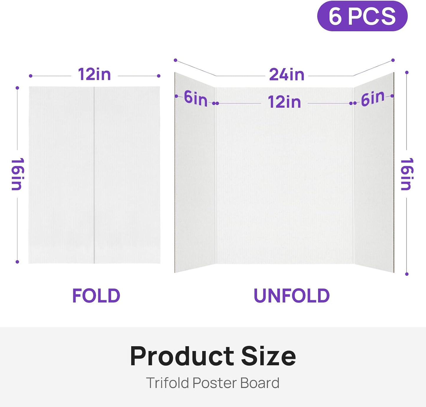 6 Per Pack Trifold Poster Board, 24" × 16" Inch White Cardboard Sheets for School Projects, Science Fair, Business Events