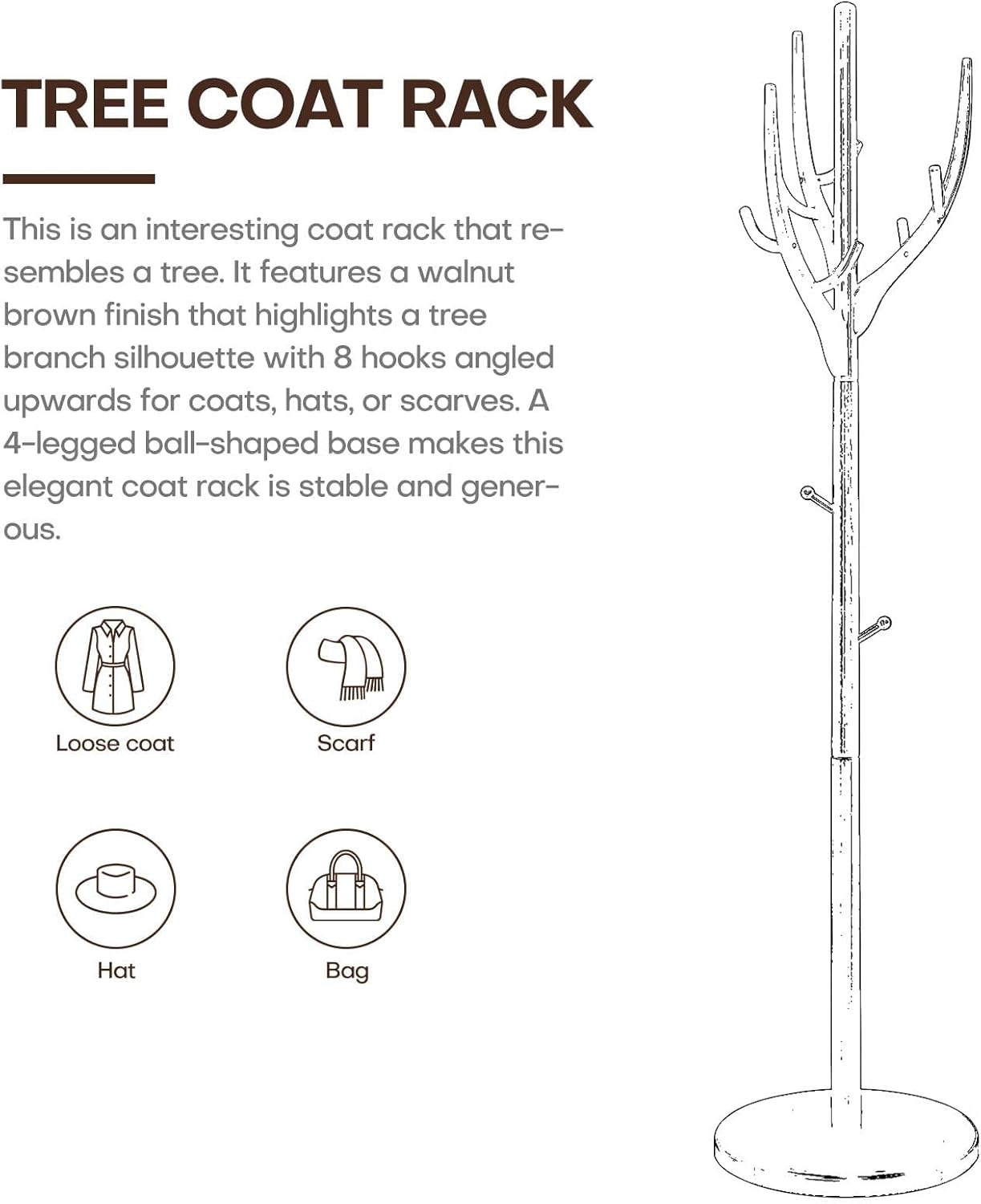 Coat Rack Freestanding, Wooden Coat Rack Stand with 16.5" Round Base, Tree Branch-look, 72" Coat Tree Standing Heavy Duty Clothes Hanger with 12 Hooks for Corner Entryway, White