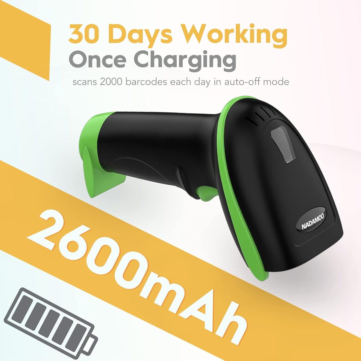 NADAMOO Wireless Barcode Scanner 328 Feet Transmission Distance USB Cordless 1D Laser Automatic Barcode Reader Handhold Bar Code Scanner with USB Receiver for Store, Supermarket, Warehouse - Green