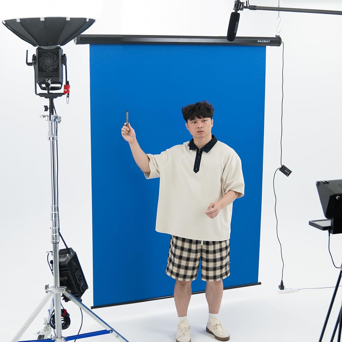 RAUBAY Motorized Pull Down Blue Screen - 59.8" x 86.6" Collapsible Wall-Mount Background for Professional Video Production, Chroma Key Backdrop for YouTube, TikTok, Streaming, Video Conferencing