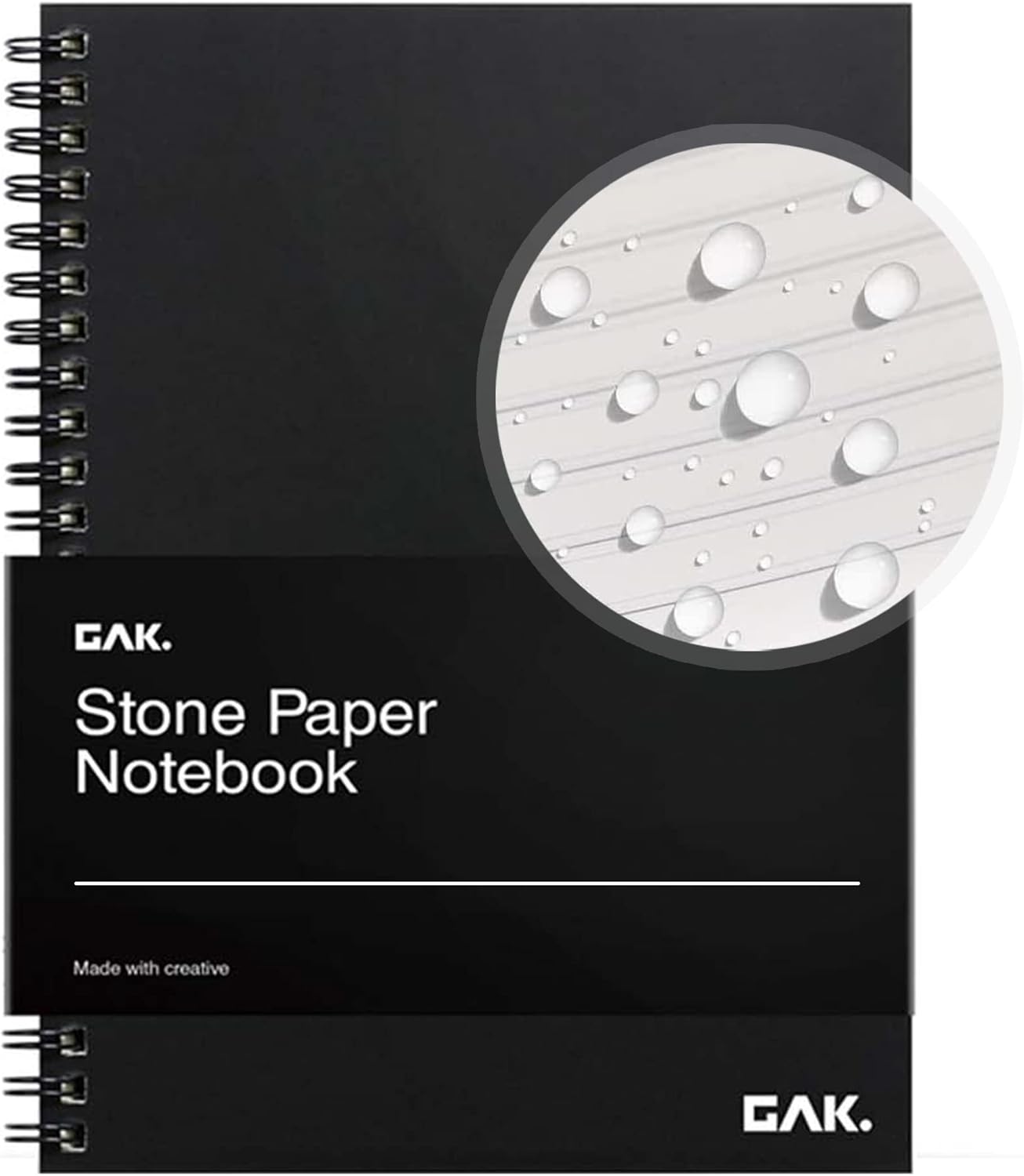 GAK. Stone Paper Waterproof Spiral Notebook, 7.20”x10.11”, 50 sheets, Durable Notebook, Eco-Friendly Mineral Stone Paper Notebook, Waterproof Notepad, Ruled, Black