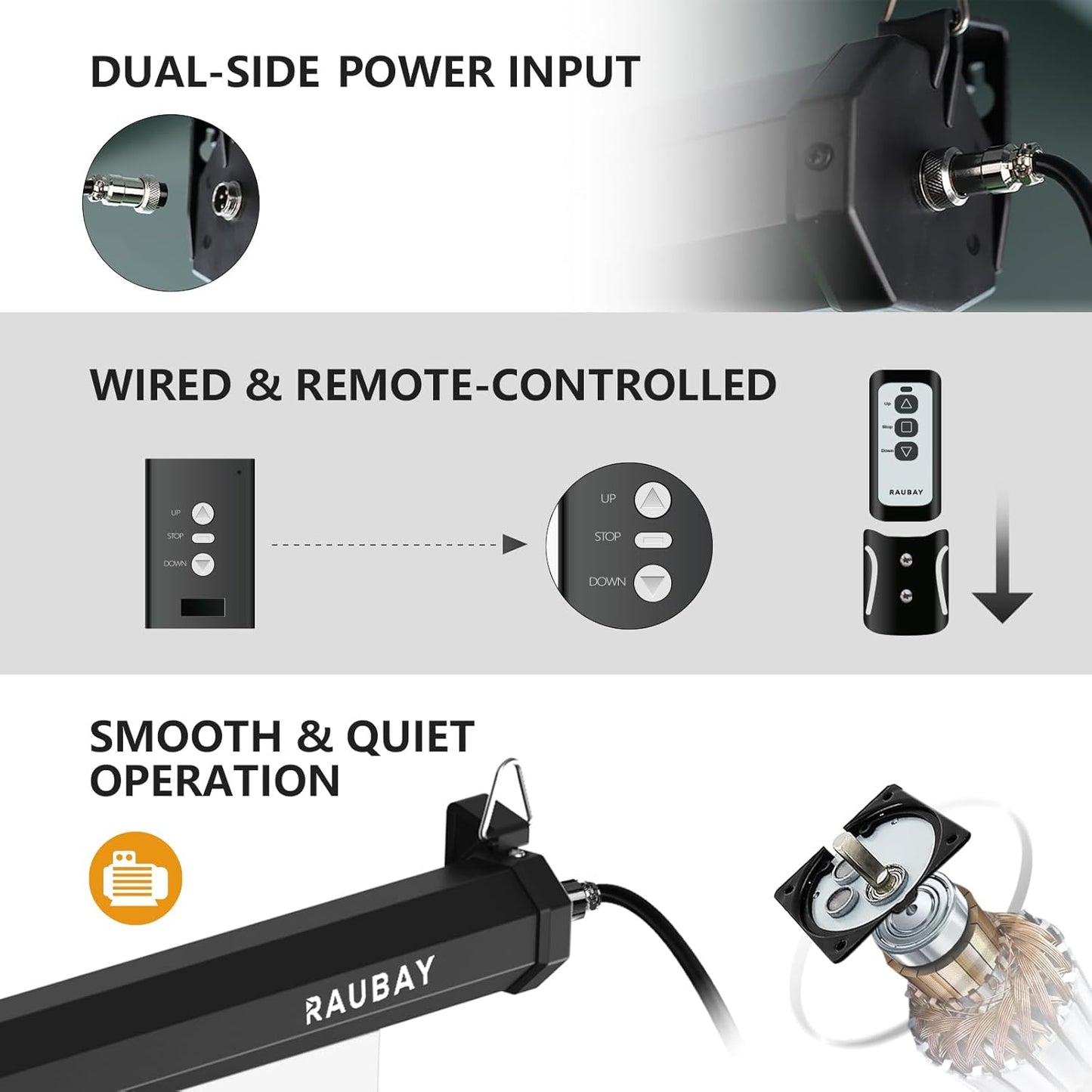 RAUBAY Motorized Pull Down White Screen Backdrop - 59.8" x 86.6" Collapsible Wall-Mount Background for Professional Video Production, Photography Studio, Video Conferencing and YouTube, TikTok Creator