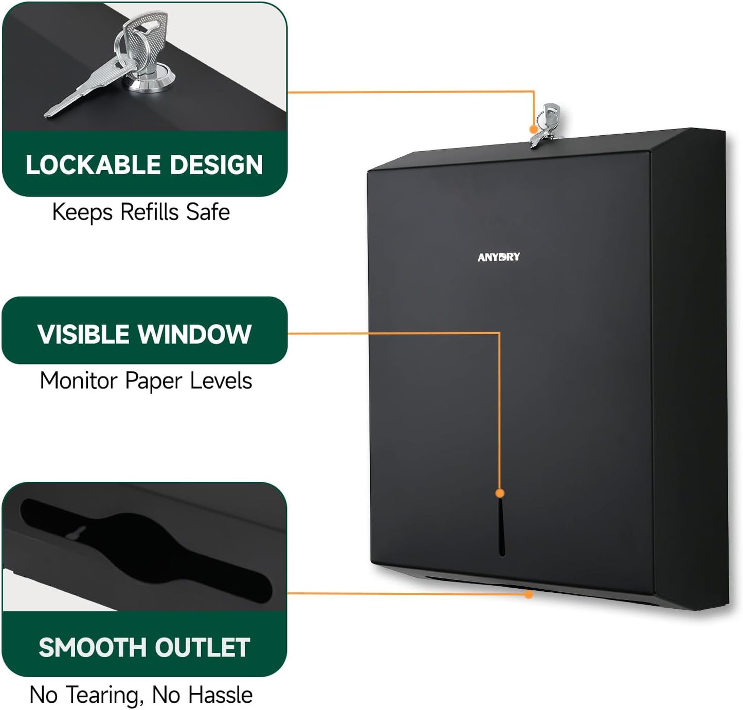 Commercial Paper Towel Dispenser Wall Mount 400-Sheet Capacity Matte Black Stainless Steel Lockable Fits Multifold/Z-Fold Towels (Folded Size ≤ 10.6" x 3.9")