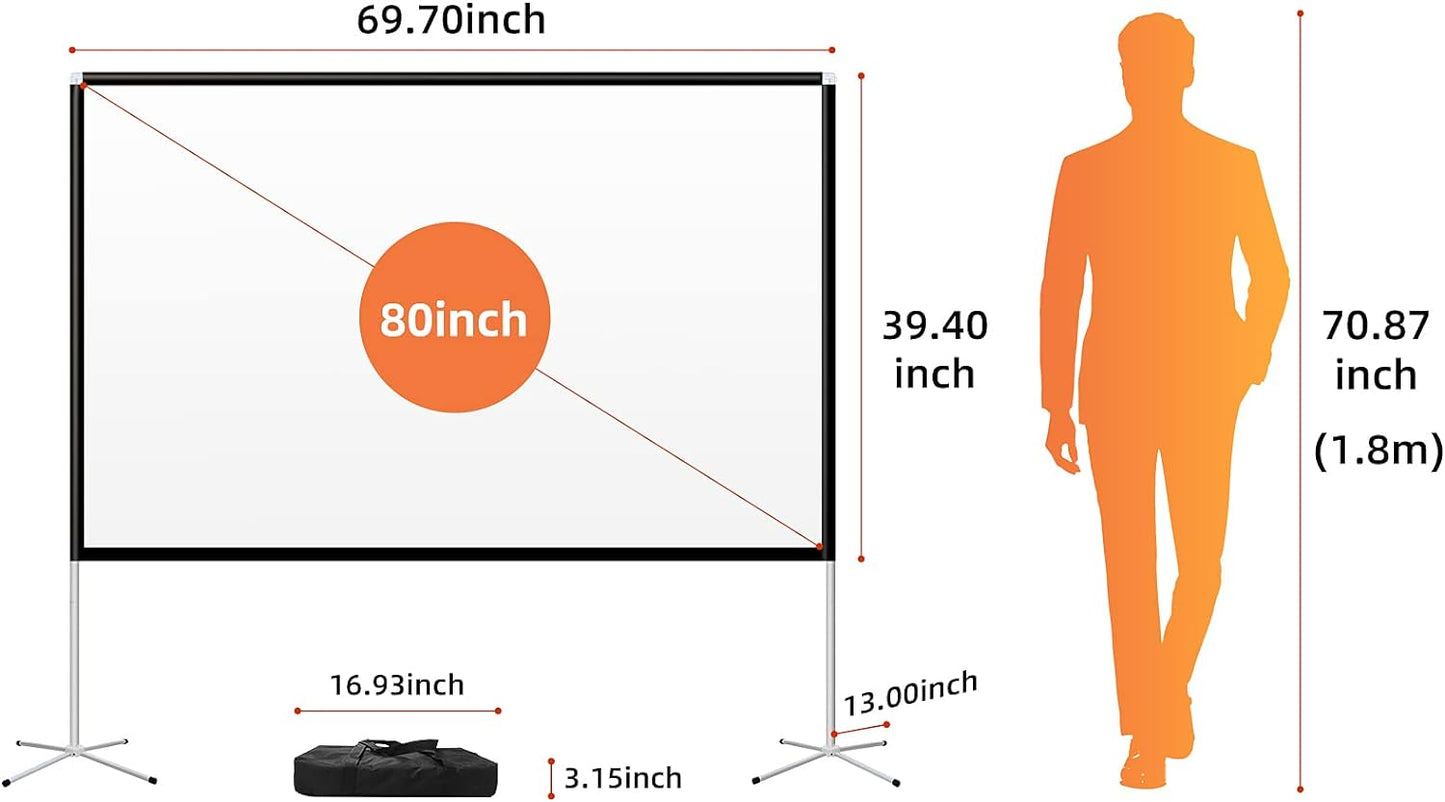 Portable Projector Screen with Stand Outdoor: Camping Projection Screen 80 inch 4K Movie Screen for Home Backyard Indoor 16:9 HD Night