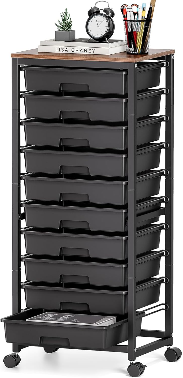 Rolling Cart with Drawers,10 Drawer Rolling Cart,Storage Cart,Utility Cart,Teacher Cart for Classroom Storage,Craft Cart with Wheels and Wooden Tabletop,Black