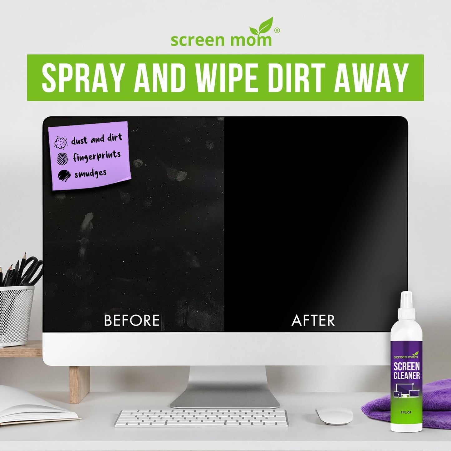 Screen Mom Cleaner Spray and Microfiber Cloth 8oz, Streak-Free Car Screen Cleaner Spray and Wipe for TV, Computer, Car, Phone, iPad, MacBook Laptop Cleaning Kit Electronic Devices Phone Cleaners