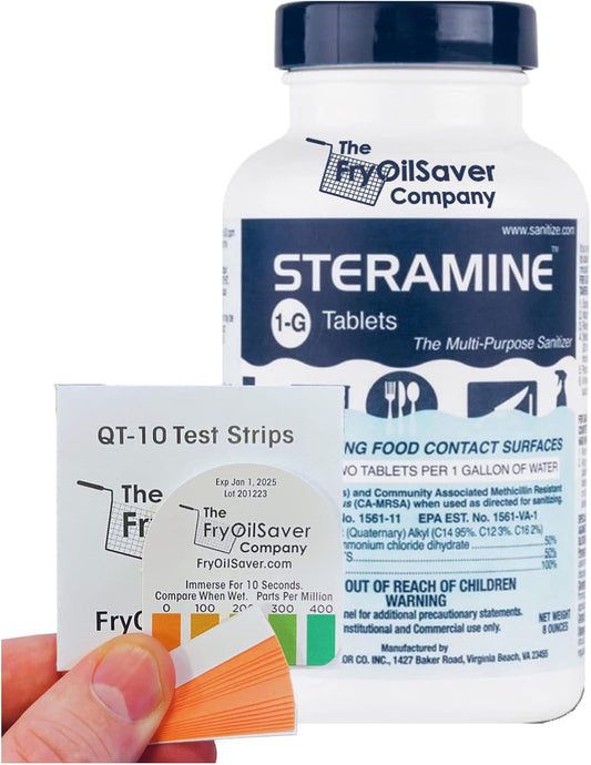 Steramine Sanitizer Tablet w/ 15x QT-10 Test Strips, Multi Purpose Sanitizing Tablet for Food Contact Surface, Kitchen, Restaurant, Steramine Sanitizer Tab for Food Service by FryOilSaver(150 Tablets)