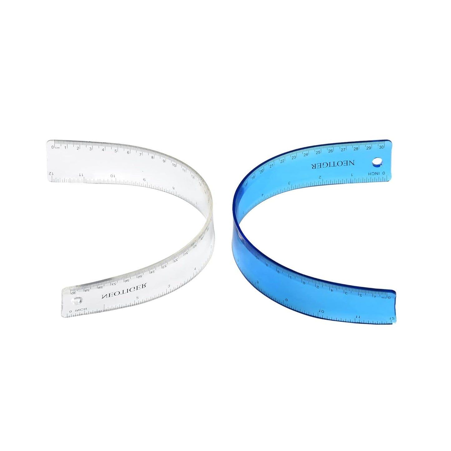 Flexible Shatterproof Bendable Unbreakable Safe Soft Transparent Clear Plastic Straight Flat Ruler, 30 cm/12 inch. Set of 2, Clear and Blue, for Home, School, Office, for Kids and Adults