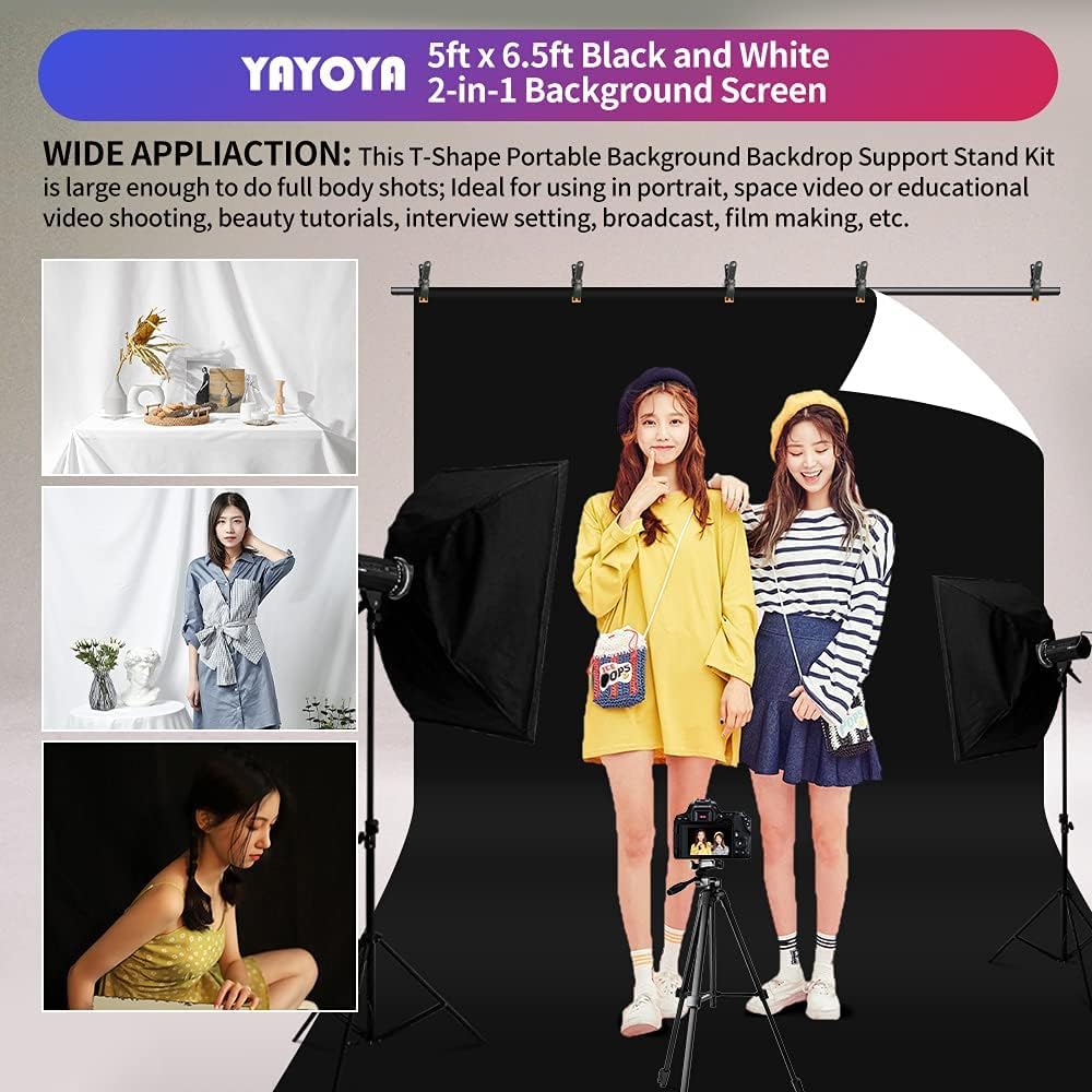 Black White Backdrop Screen with Stand Kit 5x6.5ft for Photo Video Studio, 2-in-1 Revisible Black Backdrop White Screen with T-Shaped Photography Background Support Stand and 5 Clamps