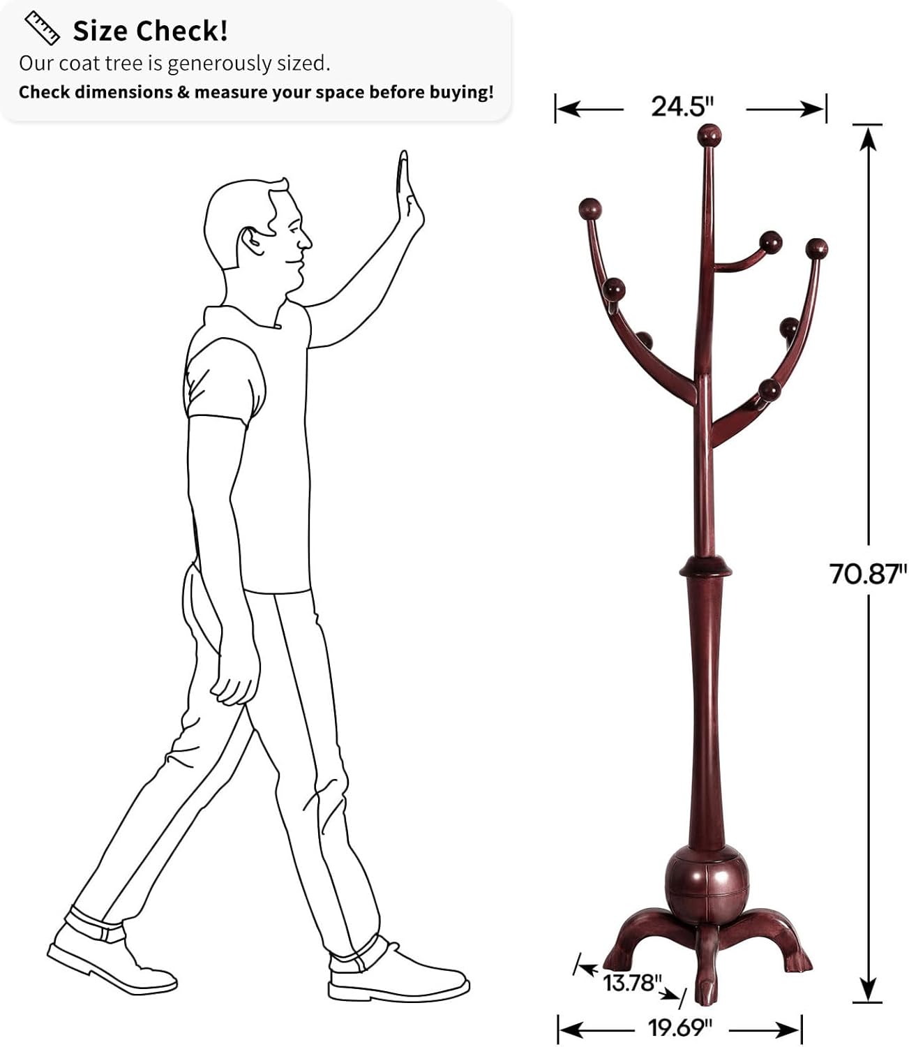 Coat Rack Freestanding Wood Tree Rack with 8 Hooks, Creative Design Tree Branch-look, Coat Tree Clothes Hanger Stand with Stable Sphere Base for Entryway, Hallway, Bedroom (Wine Red)