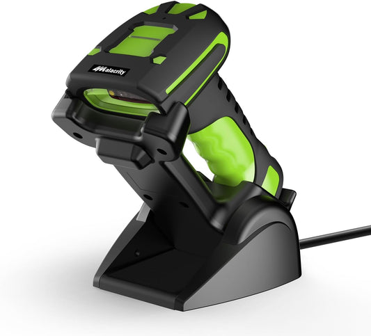 Alacrity Industrial Barcode Scanner, 1D/2D Symbologies, Wireless Charging, Long-Distance 433MHz Wireless & Bluetooth Connectivity, Shock and Dust-Proof Barcode Reader, Green