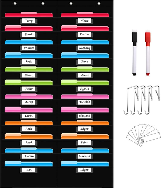 REGELETO 24 Pocket Storage Chart with Nametag Pockets, Hanging Wall File Organizer for Classroom and Office, Black