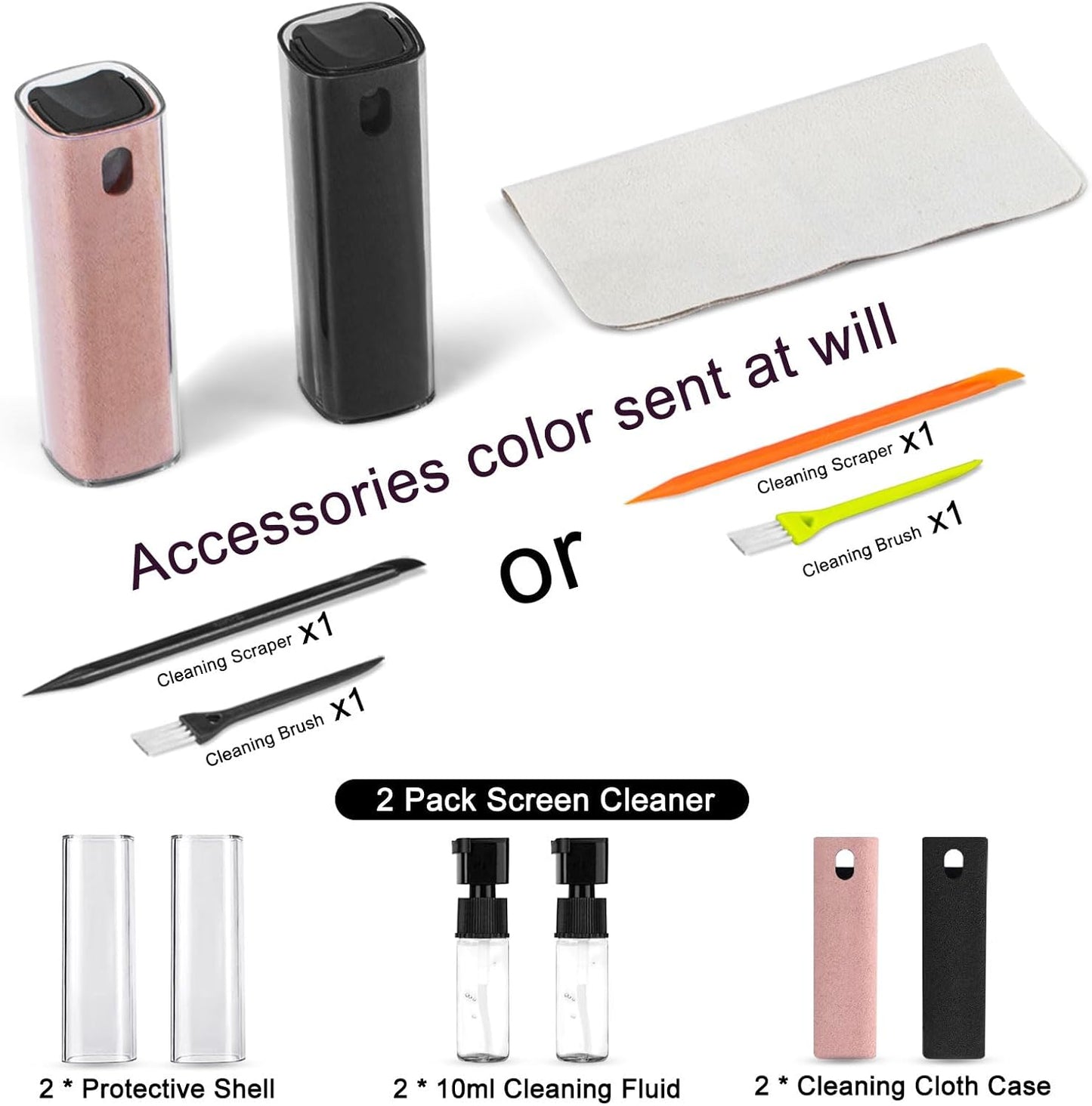 2Pcs Screen Cleaner Spray and Wipe for Laptop Monitor and Car Screens, Phone Touchscreen Mist Cleaning Kit for Cellphone, Tablet, PC, Computer, LCD, Eyeglass, iPhone, iPad, Mac Pro - Black and Pink