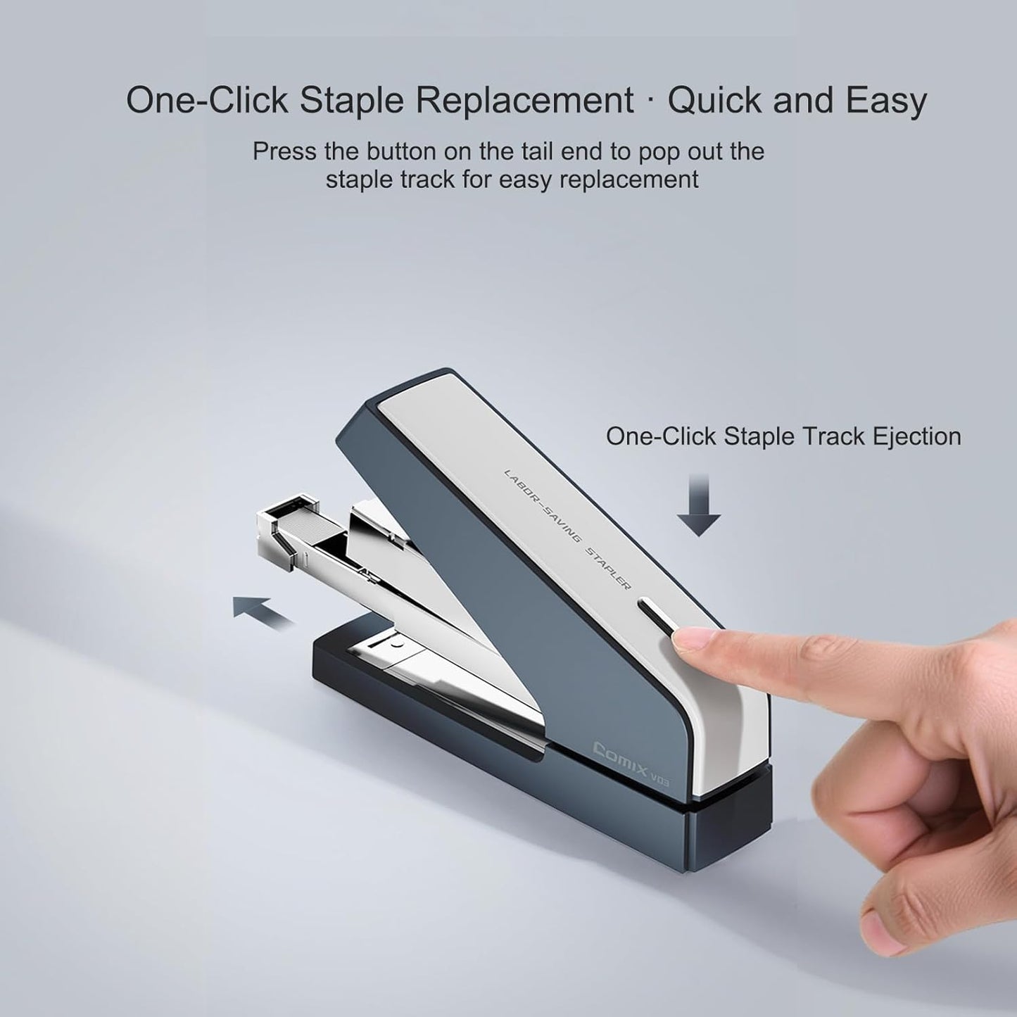 Comix Desk Stapler, 40 Sheet Capacity, Quick-Change Pop-Up Stapler Track, for Office & Classroom, Blue&Gray