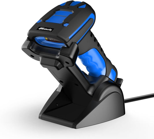 Alacrity Wireless Charging Barcode Scanner, 1D/2D Symbologies, Global Shutter Scan Sensor, Long-Distance 433MHz Wireless & Bluetooth Connectivity, Industrial Shock and Dust-Proof Barcode Reader, Blue