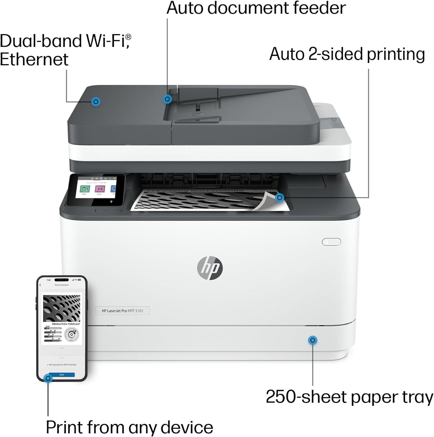 HP LaserJet Pro MFP 3101fdw Wireless Black & White All-in-One Laser Printer, Scanner, Copier, Fax, Best-for-Office (3G628F)