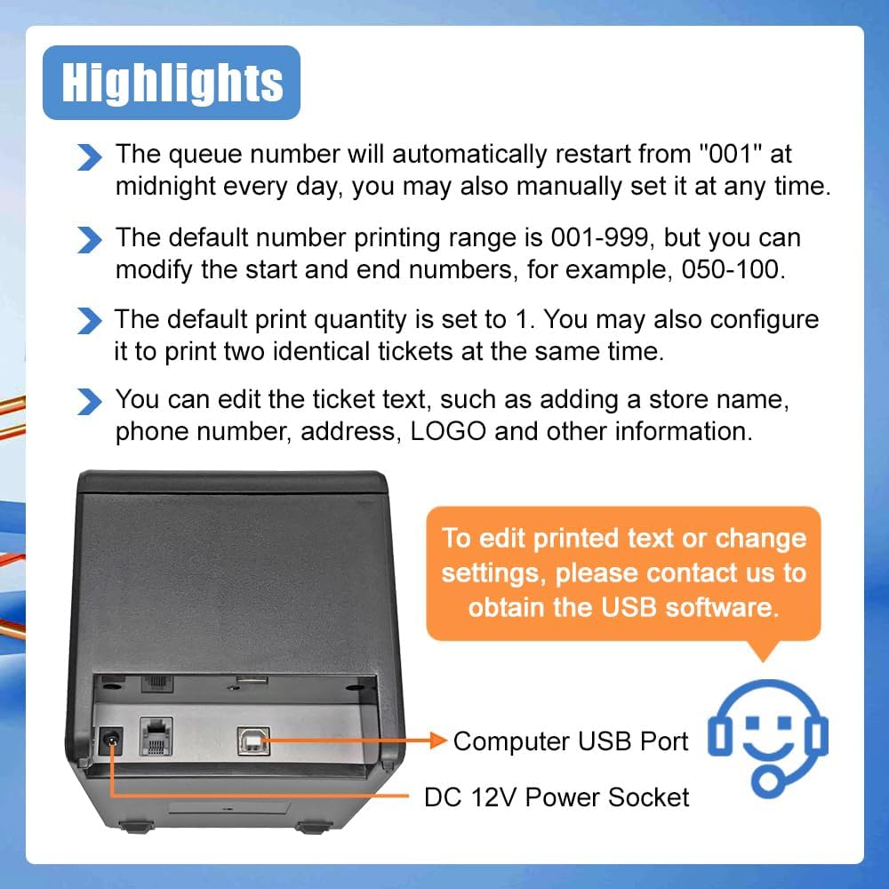 Auto-Cutter Ticket Printer Take a Number Dispenser 57mm Receipt Ticket Thermal Printer Can Edit Text via PC Show 3-Digits Waiting Number for Queue