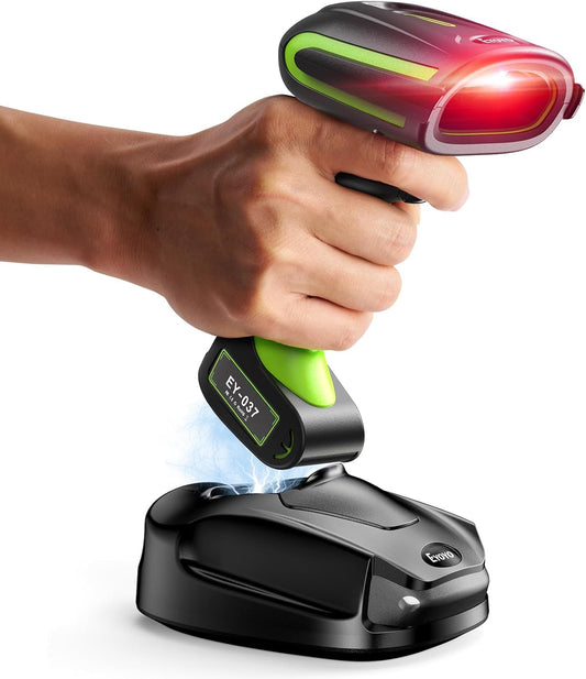 Eyoyo 2D QR Industrial Barcode Scanner with Wireless Charging Stand, Rugged Heavy Duty & IP65 Waterproof 3-in-1 Bluetooth & Wireless & USB Hands-Free Barcode Reader for Laptop Desktop Tablet Android