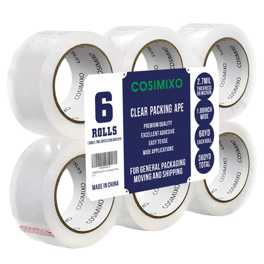 COSIMIXO Heavy Duty Packing Tape 2.7mil x 1.88" x 60 Yards, 6 Rolls,Industrial 3" Core, Clear, Great for Packing, Shipping & Moving