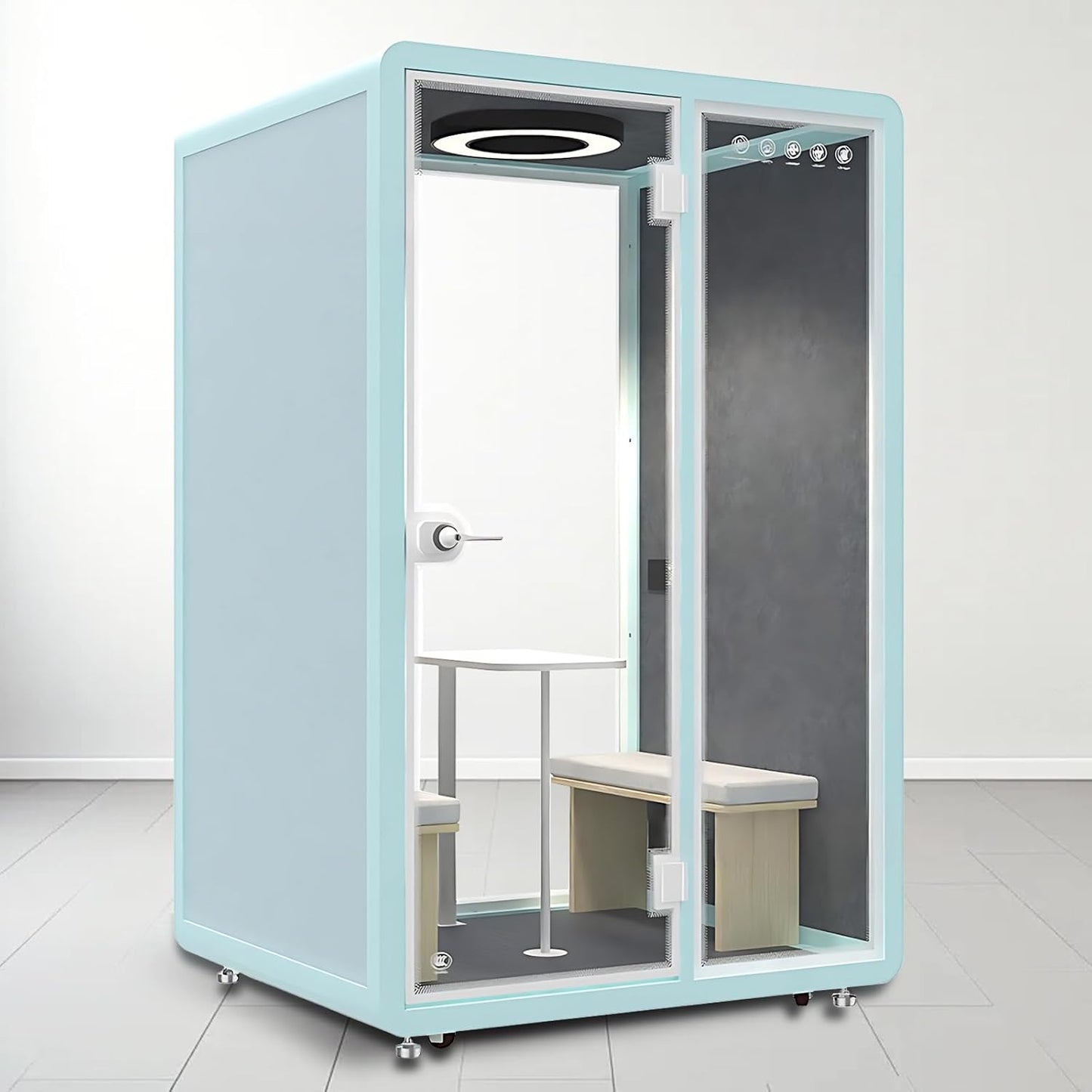 Office Sound Booth with Audio Privacy - Freestanding Soundproof Booth Includes Light Blue Frame Design,Modern Soundproof Room with Light, Socket,Casters for Study,Negotiation (59.05IN)
