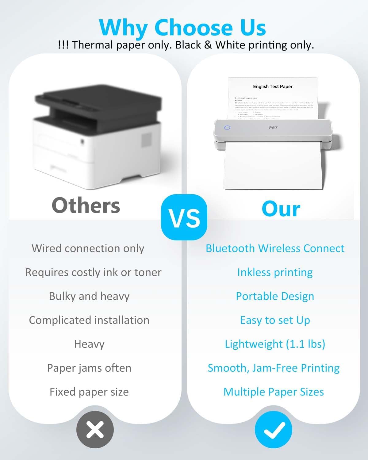 Inkless Portable Printer for Travel, Wireless Thermal Printer Support 8.5 x 11 Inch US Letter A4 B5, Bluetooth Mobile Printers with iOS, Android, Laptop for Home Use, Car, Office, School, Grey