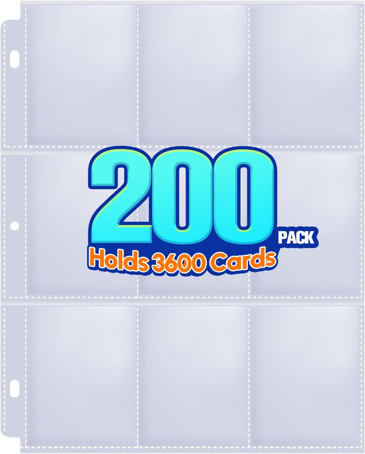 200 Pack 9 Pocket Trading Card Sleeve Pages,Page Protectors Card Sleeves Binder Sheets for 3 Ring Binder,Card Binder Sleeves for Baseball, Football, Game Sport Business Cards