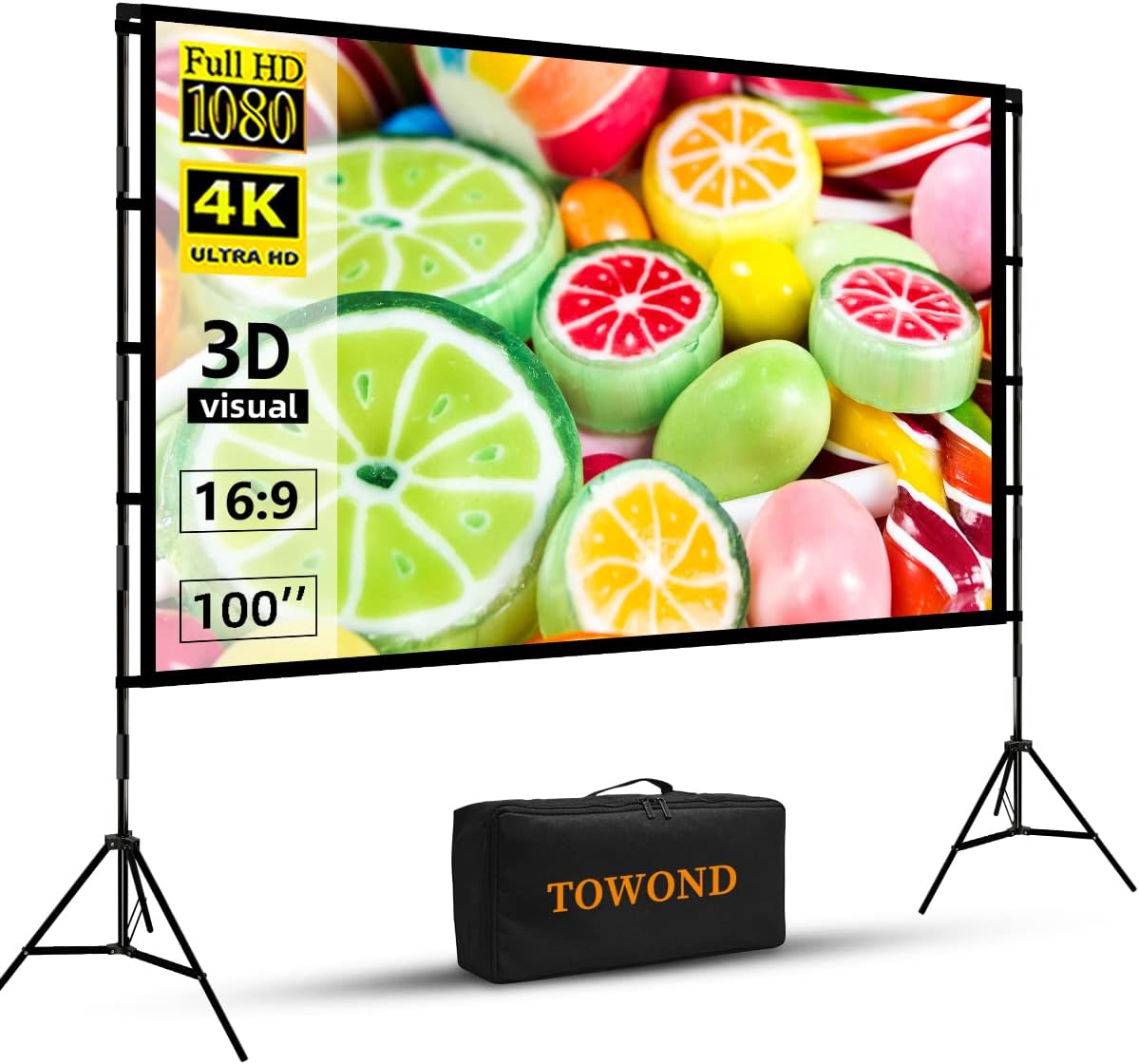 TOWOND Projector Screen with Stand, 100 inch Outdoor Projector Screen Portable Indoor Projection Screen 16:9 4K Rear Front Movie Screen with Carry Bag for Home Backyard Theater