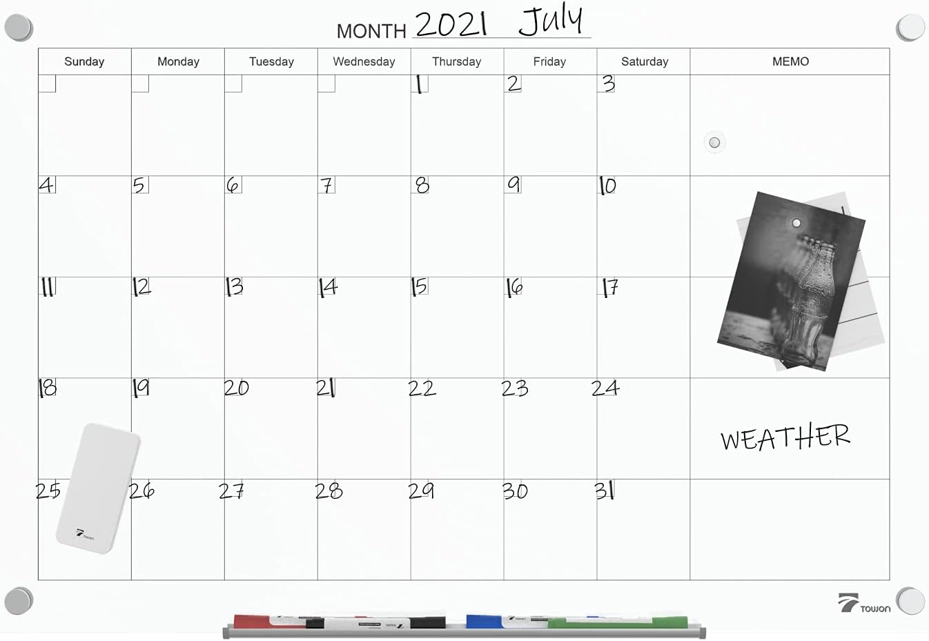 TOWON Tempered Glass Calendar Dry Erase Board for Wall, 3' x 2' Magnetic Whiteboard Calendar Planner for Office, Home, School Supplies, White, 36 x 24 Inches