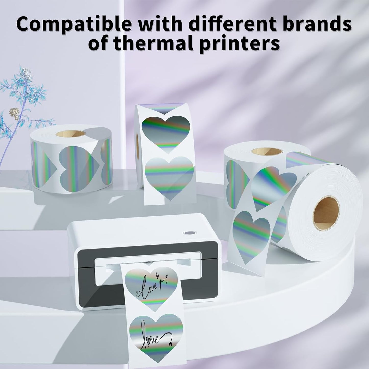 RBHK 2 Inch Holographic Thermal Labels, Self Adhesive Heart Shape Waterproof Thermal Labels, Multipurpose Direct Thermal Sticker for DIY Logo Design, Thanks Card, 400 Labels/1 Roll