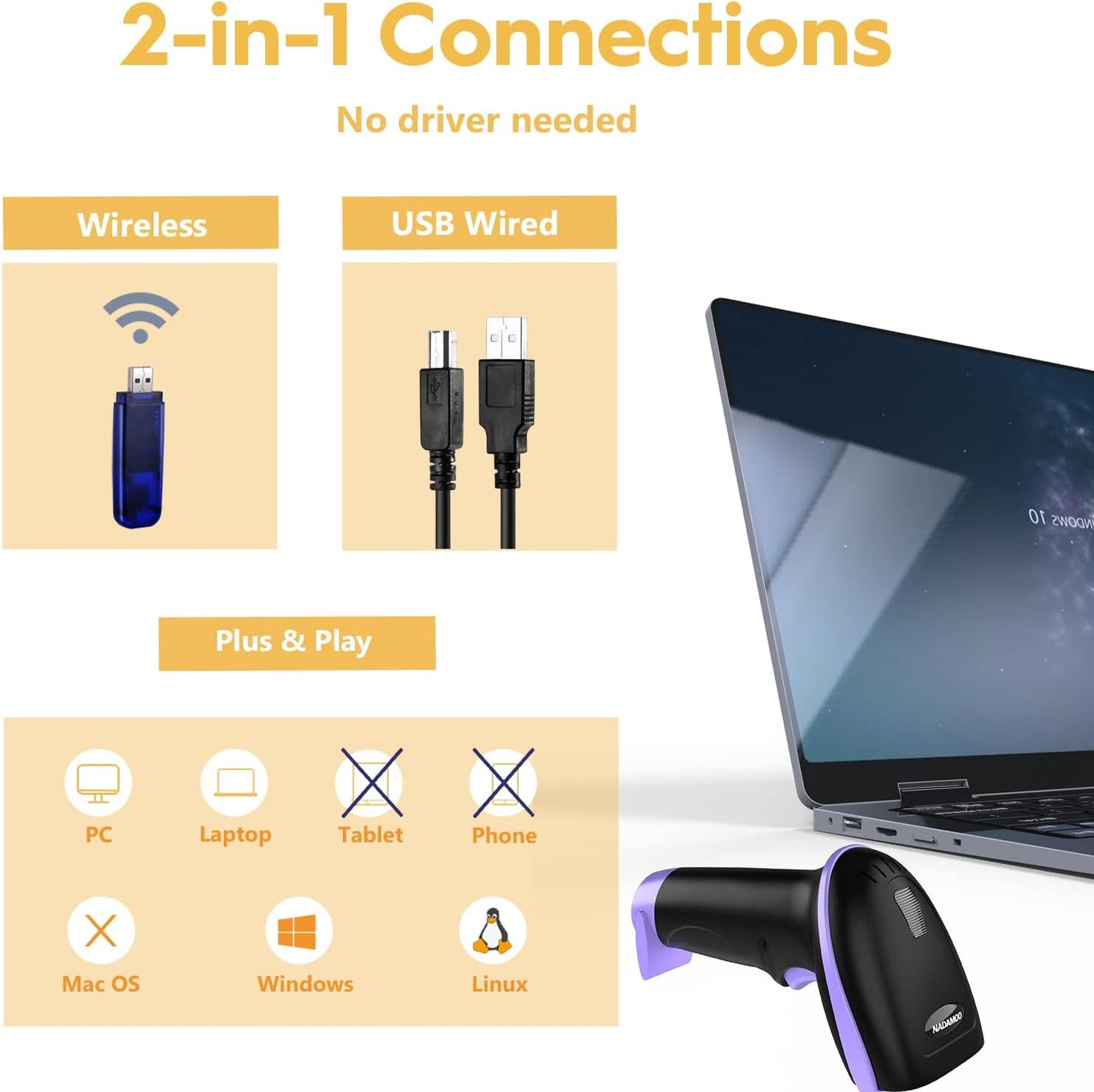 NADAMOO Wireless Barcode Scanner 328 Feet Transmission Distance USB Cordless 1D Laser Automatic Barcode Reader Handhold Bar Code Scanner with USB Receiver for Store, Supermarket, Warehouse - Violet