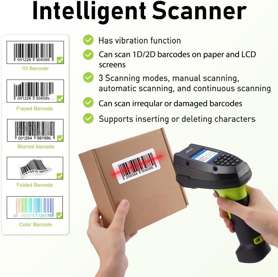 2D Wireless Barcode Scanner, Portable Inventory Scanner & Data Collector with 2.0 Inch LCD Screen and 2.4G Wireless Dongle Built in Stand for Warehouse, Express, Library,Pharmacy,Supermarket