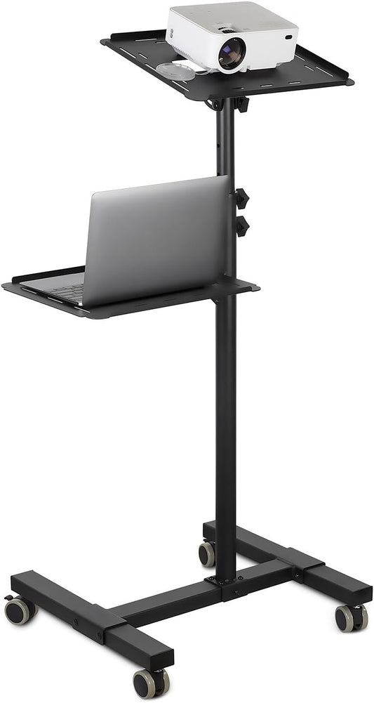 Mount-It! Mobile Projector and Laptop Stand (2 Shelves), Rolling Cart with Ventilated Tray, Heavy Duty, Height Adjustable Laptop and Projector Presentation Trolley, Black