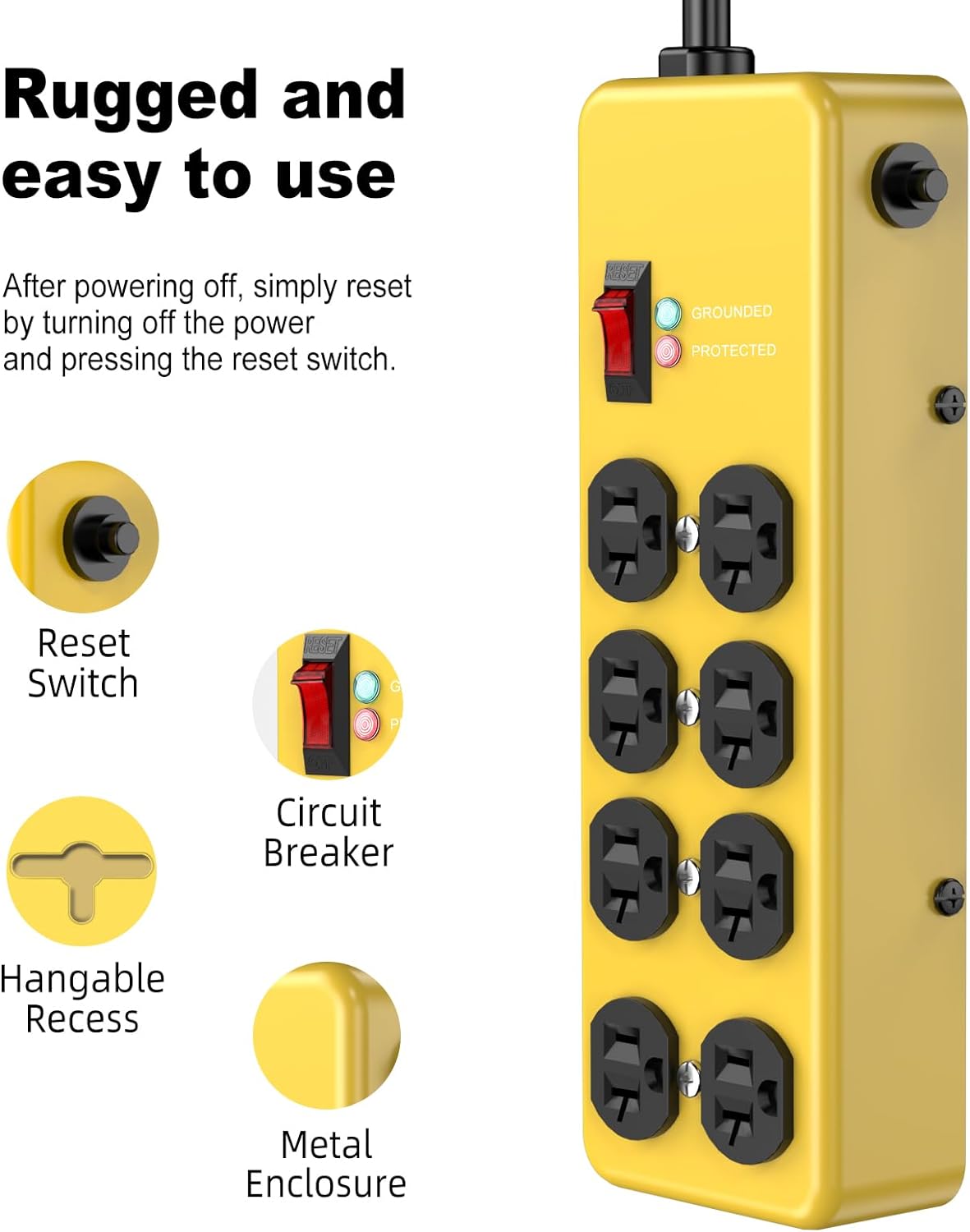HEZI 20A Power Strip Surge Protector Durable Metal 8-Outlet with Heavy Duty 20 Amp Extension Cord,12 Gauge for Garage,Workshop & Industrial Use with 6-20R T-Slot Outlets,4800J(Yellow,6FT)