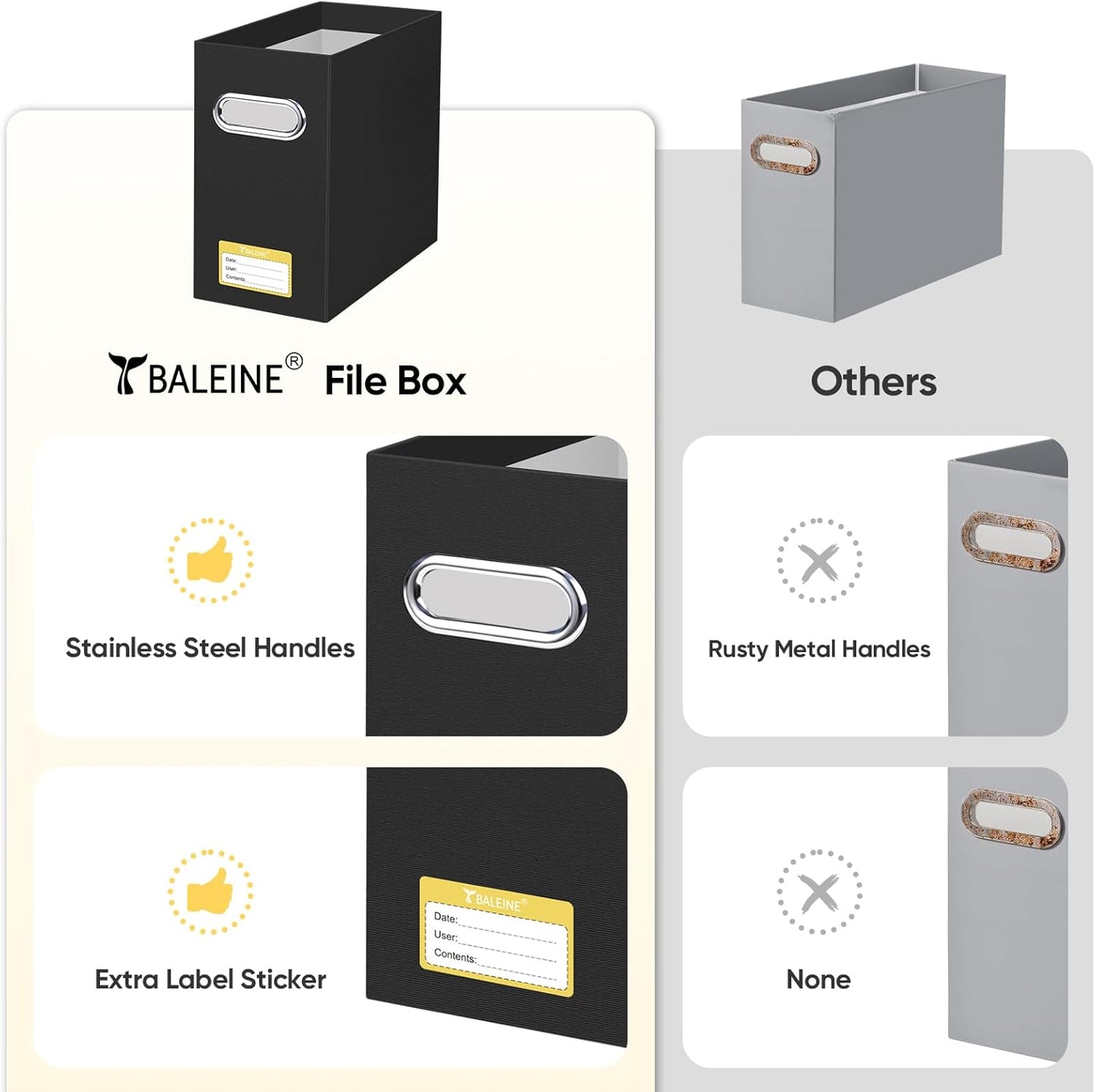 BALEINE File Organizer Box, Cardboard File Folder Organizer with Handle for Letter Size, Portable Collapsible Hanging Filing Box for Home Office Document Storage (2 Pack, Black)