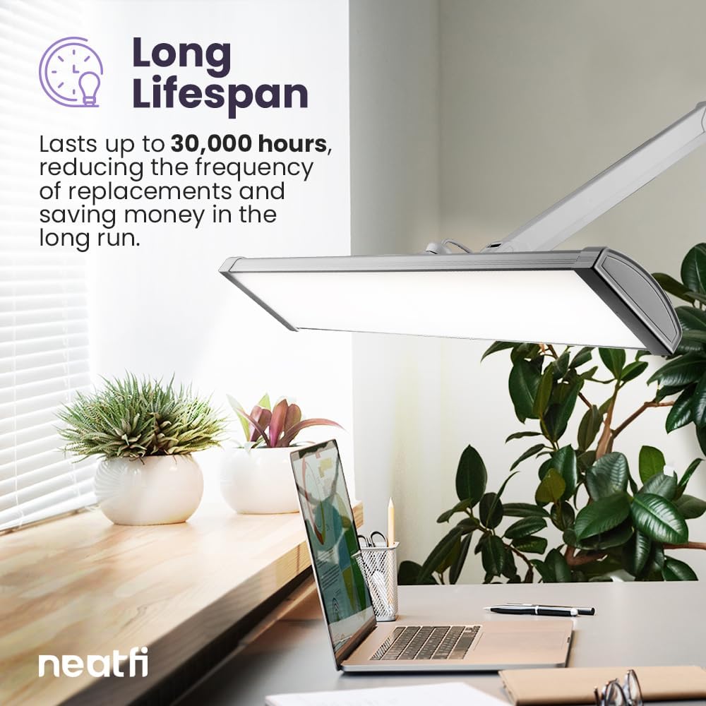 Neatfi Ultra 3,500 Lumen LED Desk Lamp, 45W, 26-Inch Wide Metal Shade, 270 SMD LEDs (Non-CCT with Clamp, Silver)