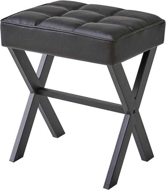 IBUYKE Square Makeup Stool with X-Leg Foot Rest, PU Footrest, Ottoman Seat Vanity Stool, Multi-Use as Small Side Table, for Bedroom, Living Room, Black LG-71B