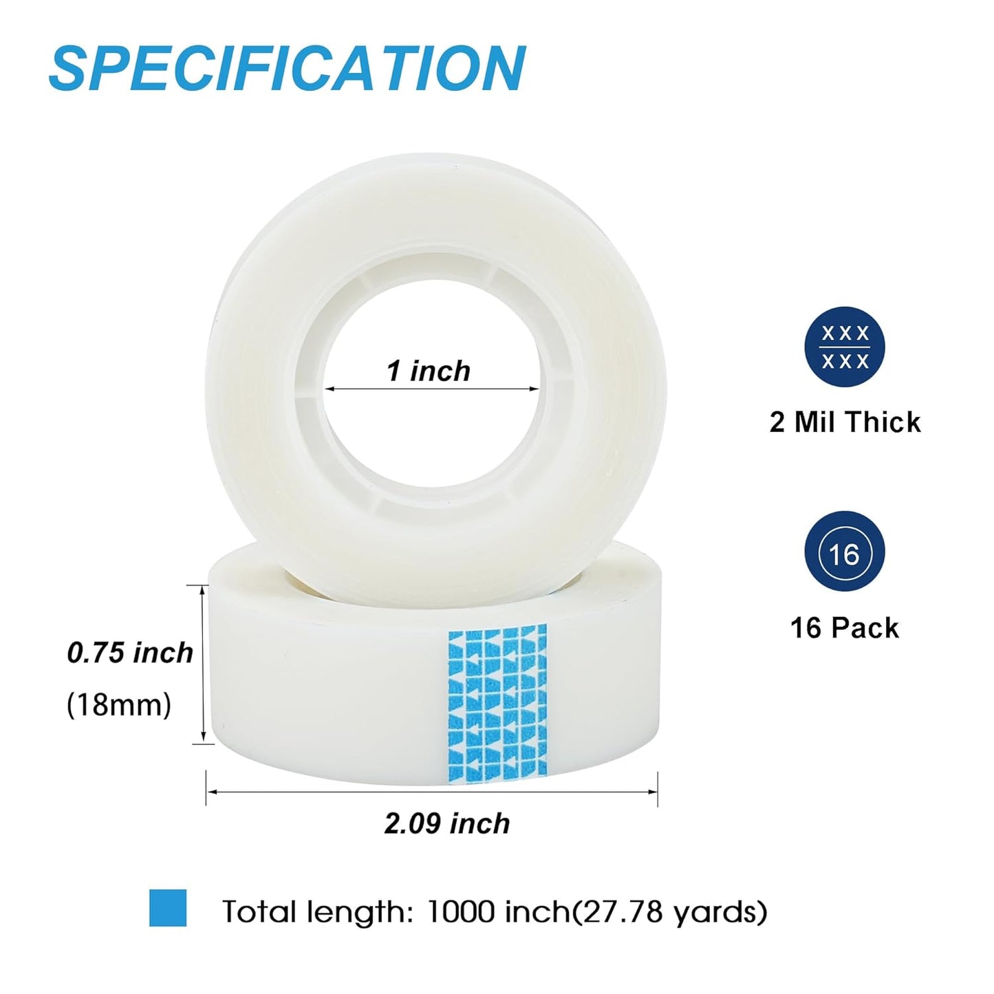 Tape Refills Bulk, 16 Rolls Invisible Tapes for Dispenser, 3/4 Inch X 1000 Inch, Writable Tape, Easy to Tear by Hand for Home School Office Supplies