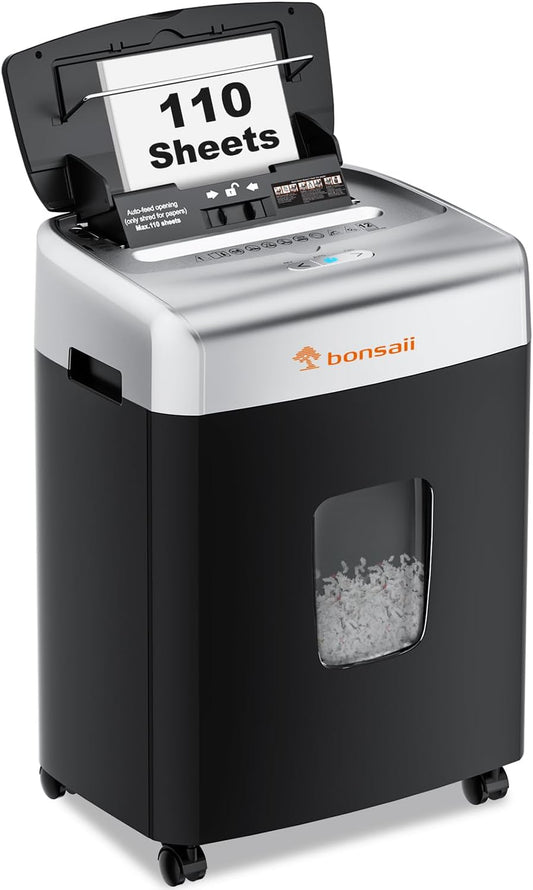 Bonsaii Paper Shredder for Office, 110-Sheet Autofeed Heavy Duty Shredder for Home Office Use, 30 Minutes/Micro Cut/P-4 High Security Level/6 Gallon Large Bin
