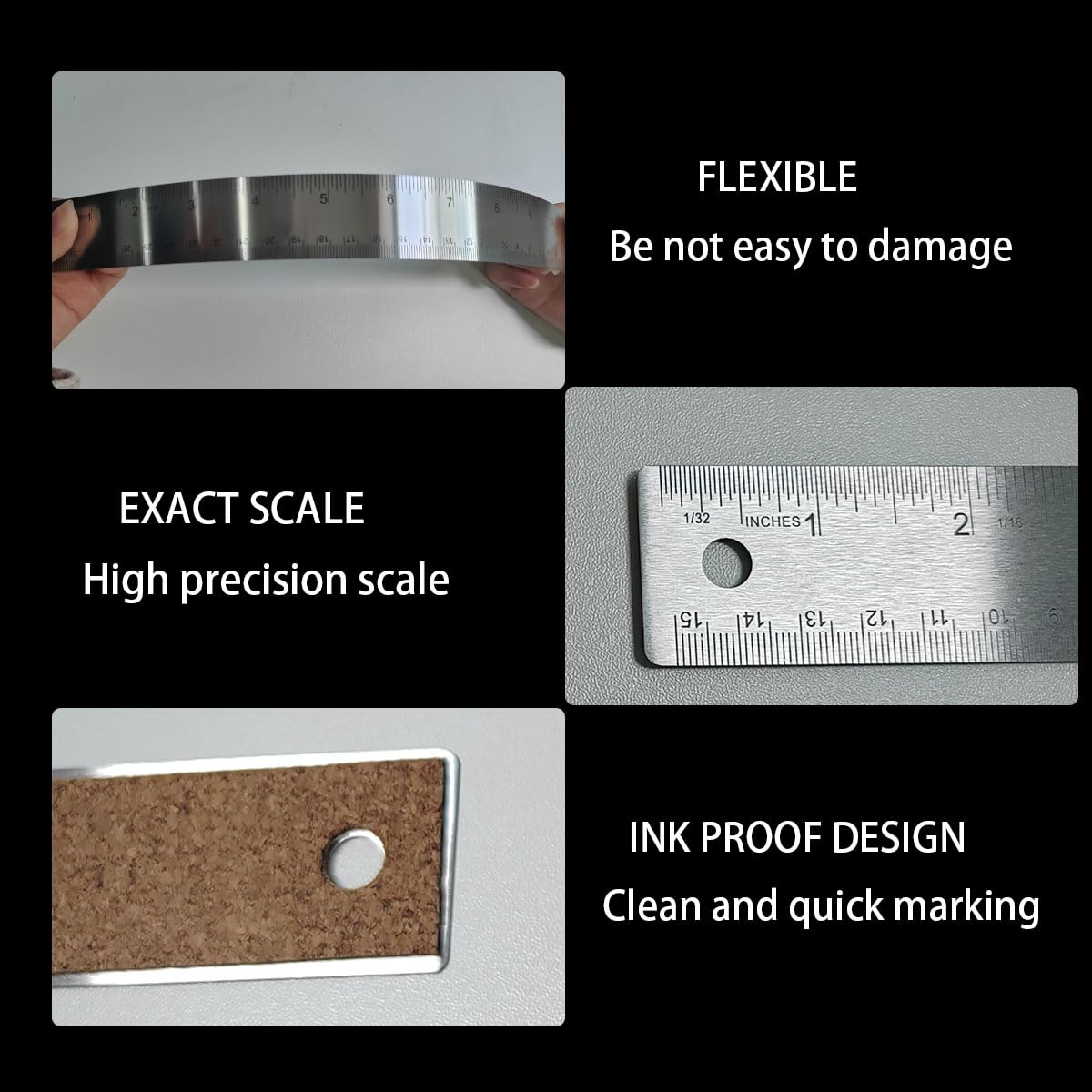 6-Inch Stainless Steel Metal Ruler with Non-Slip Cork Backing - 3 Pack